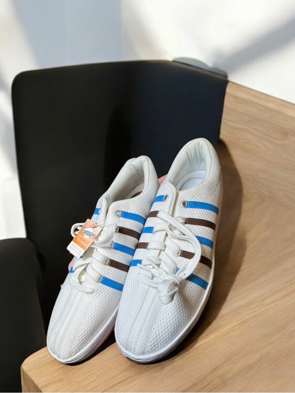 K-Swiss White Sneakers with Blue and Brown Stripes New with Box!